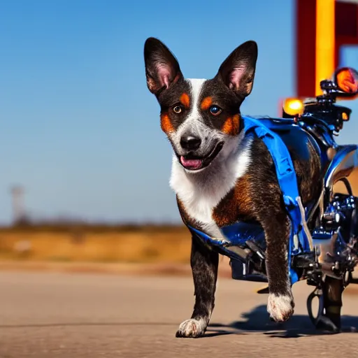 Image similar to blue heeler dog on a motorcycle, 8 k photography, blurred background of a wafflehouse