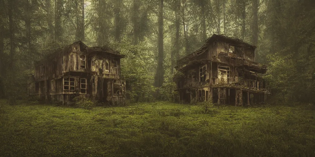 Image similar to an abandoned and decrepit wooden house in a lush forest, architectural photography, dark and dim lighting, beautiful, tranquil, moody, cinematic, fantasy, 3 5 mm lens, volumetric lighting, first person view, photographic render, hyper realistic