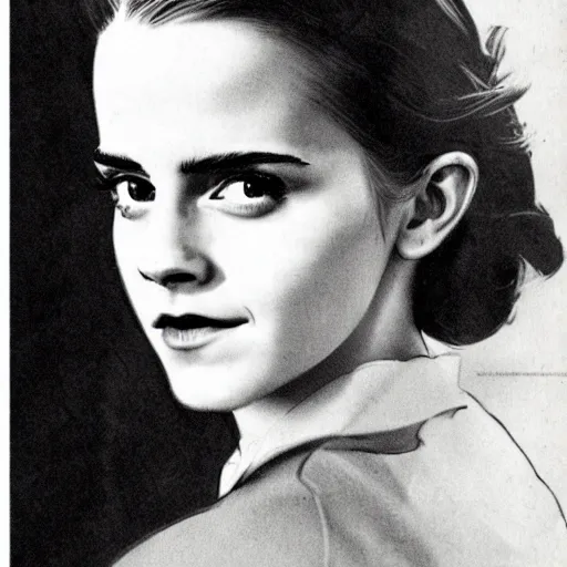 Image similar to Emma Watson portrait, vintage magazine illustration 1950