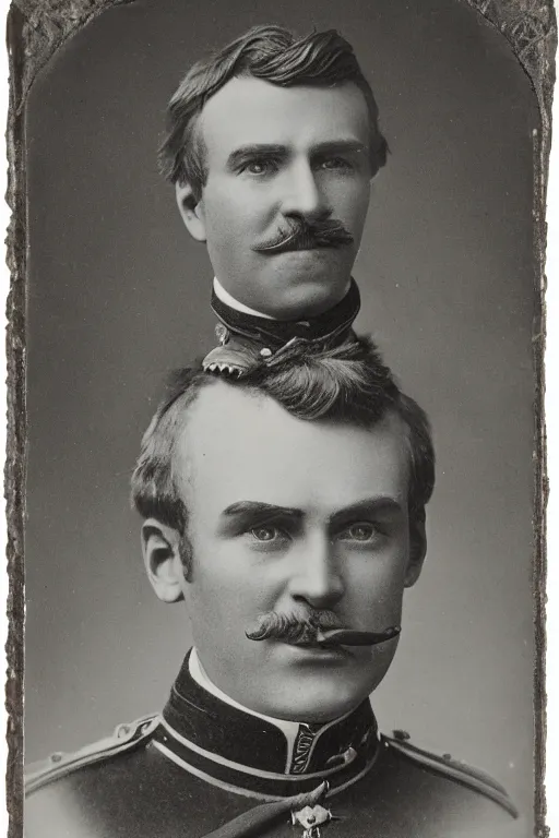 Prompt: official Portrait of a jolly victorian army officer, male, cheerful, happy, detailed face, 19th century, highly detailed, cinematic lighting, photograph, black and white