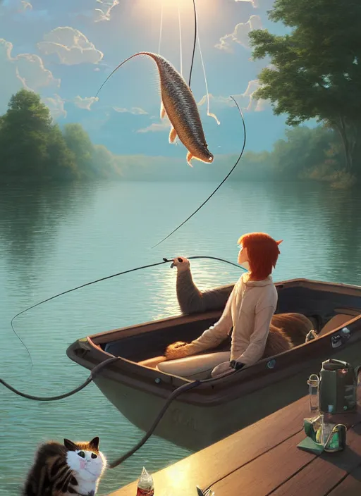 Image similar to highly detailed portrait of a cat fishing at a lake, stephen bliss, unreal engine, greg rutkowski, loish, rhads, beeple, makoto shinkai and lois van baarle, ilya kuvshinov, rossdraws, tom bagshaw, tom whalen, alphonse mucha, global illumination, god rays, detailed and intricate environment