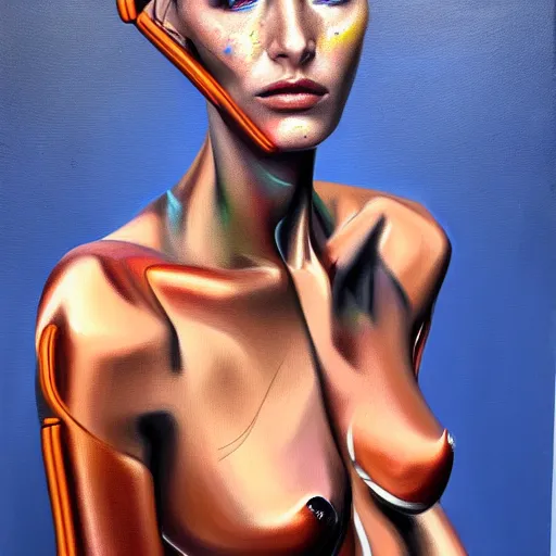 Image similar to cyborg fashion model, hyperrealism oil painting, matte