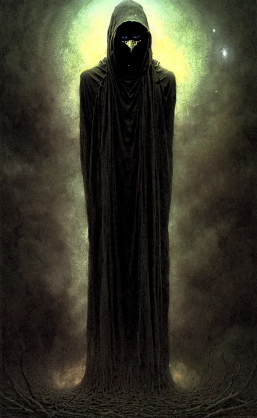 Image similar to a striking full body portrait of a pitch black masked eldritch shaman by moebius and beksinski and artgerm, detailed artwork, realism, 4 k resolution, detailed, high quality, sharp focus, hq artwork, insane detail, volumetric lighting, character concept art, fine details, tarot card, clear subject