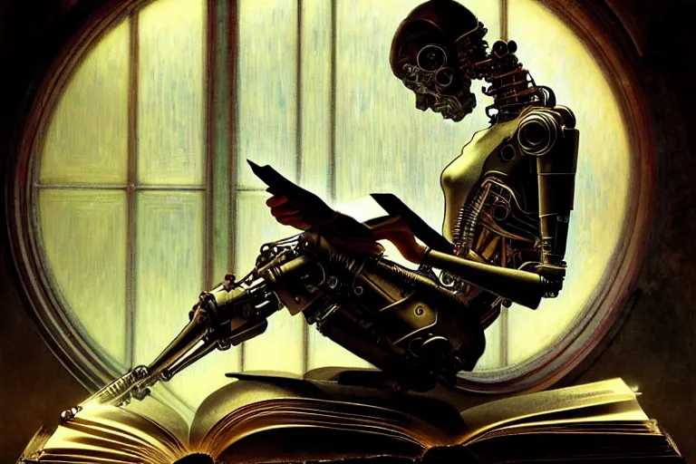 Prompt: a cyborg reading an old book, fantasy, post apocalypse, intricate, elegant, dramatic lighting, highly detailed, lifelike, photorealistic, digital painting, artstation, concept art, smooth, sharp focus, illustration, art by robert henri and john blanche and paul dainton and albert aublet and artem demura and alphonse mucha