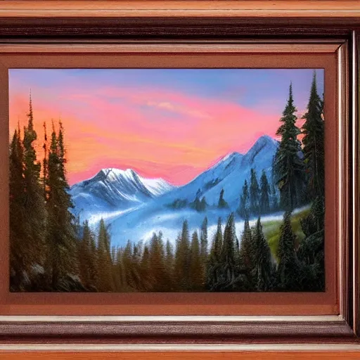 Prompt: a mountain cabin, bob ross, james burton, twilight