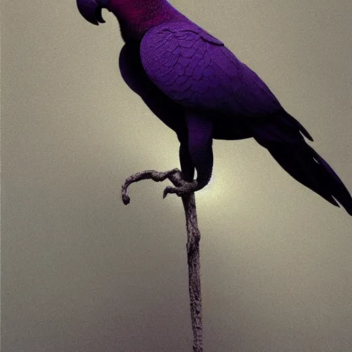 Prompt: dark purple parrot, ethereal, extremely high detail, photorealistic, cinematic lighting, artstation, octane render, art by Zdzisław Beksiński