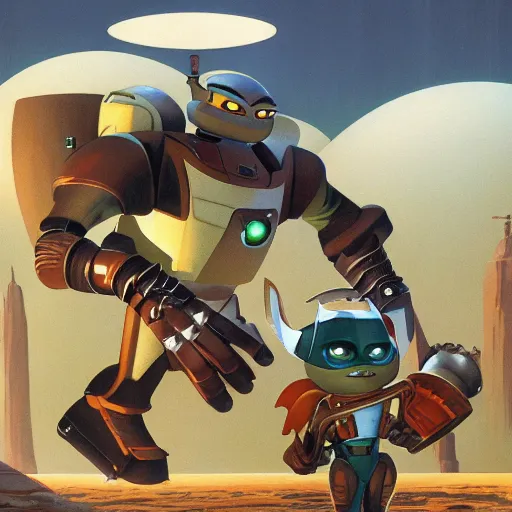 Image similar to ralph mcquarrie concept art for ratchet & clank