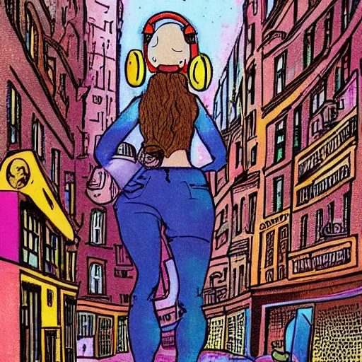 Prompt: young slender girl with headphones in densely packed city street, multicolored, Ralph Bakshi