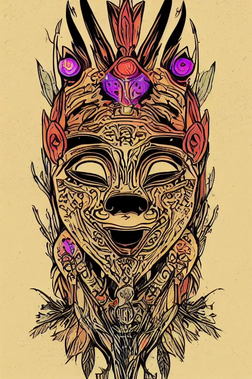 Image similar to animal mask totem roots flower tribal feather gemstone plant wood rock shaman vodoo video game vector cutout illustration vivid multicolor borderlands comics by josan gonzales and dan mumford radiating a glowing aura