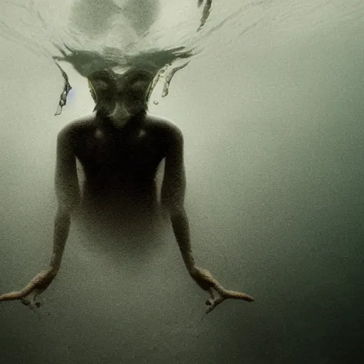 Image similar to sea monster about to eat pov underwater, pale skin, dark yellowish water, foggy water, dark, dramatic,'silent hill ', big eyes, alluring and terrifying, cinematic