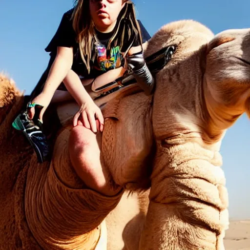 Image similar to close up shot of billie eilish riding a camel