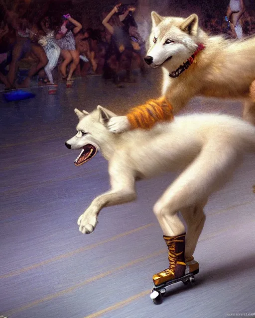 Image similar to a buff white female anthro wolf skating at a roller derby, 4 k, furaffinity, fursona, trending on artstation, energetic, speed, motion blur, by gaston bussiere, craig mullins, j. c. leyendecker, gustav klimt, artgerm, greg rutkowski, alphonse mucha