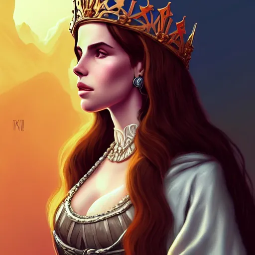 Image similar to portrait of lana del rey as a medieval queen, intricate, elegant, highly detailed, digital painting, artstation, concept art, smooth, sharp focus, illustration, art by studio ghibli, 8 k