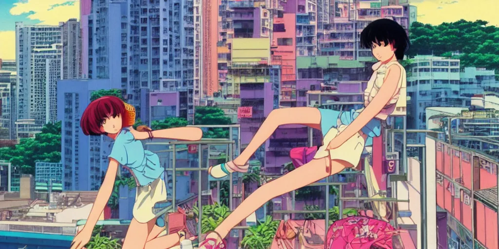 Image similar to girl smoking at rooftop overlooking hong kong, sprite, vaporwave nostalgia, directed by beat takeshi, visual novel cg, 8 0 s anime vibe, kimagure orange road, maison ikkoku, sketch by osamu tezuka, directed by makoto shinkai and beat takeshi