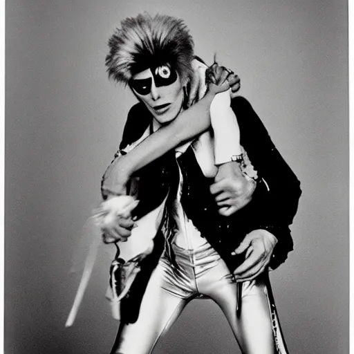 Prompt: david bowie from changes giving a piggy back ride to ziggy stardust. glam rock. by andy warhol