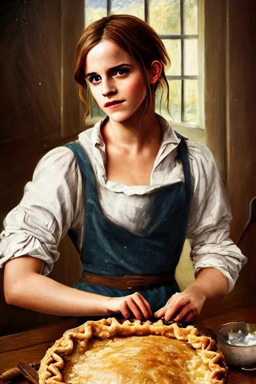 Prompt: romanticism painting of ( ( emma watson ) ) in a rustic style kitchen, baking apple pie, symmetrical face, beautiful eyes, cottagecore, artstation, 8 k, highly detailed