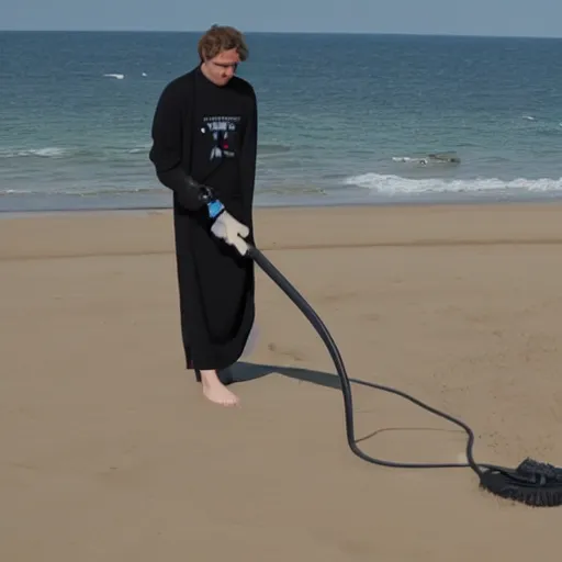 Prompt: Anakin skywalker vacuuming the beach to remove the sand