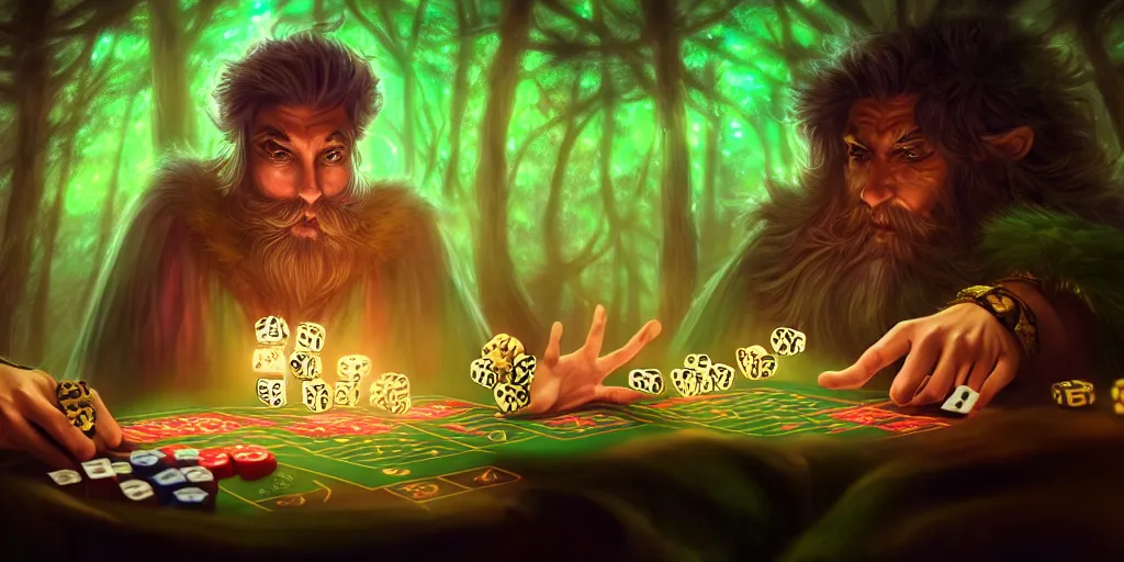 Image similar to a mythical, magical forest spirit wizard rolling d 6 casino dice, glowing energy, fantasy magic, by willian murai and jason chan and marco bucci, hyper detailed and realistic, illustration, sharp focus, cinematic, rule of thirds, foresthour