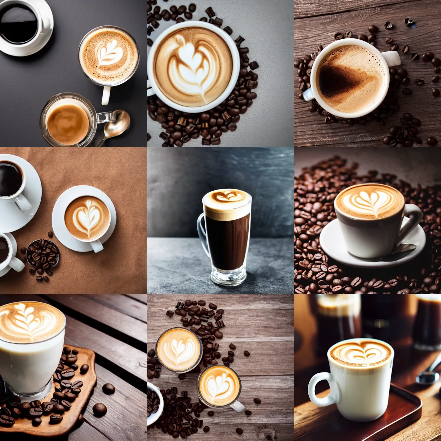 Espresso, latte, cappuccino in glasses and mugs. Coffee types for