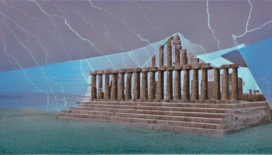 Prompt: A 1985 vintage magazine architecture photo of a beach doric temple, mediterranean architecture, refracted lines and sparkles, thunderstorm outside, beach on the background major arcana sky and occult symbols, hyperrealistic, award-winning, 1985