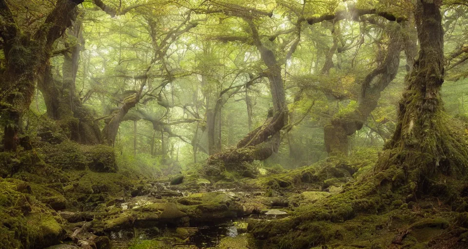 Prompt: ancient oak forest, hemlocks, moss, stream, intricate, vivid colors, brush strokes, elegant, highly detailed, richard schmid, john park, ruan jia, jeffrey catherine jones