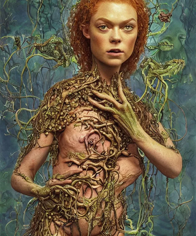 Prompt: portrait photograph of a fierce sadie sink as an alien dryad queen with slimy amphibian skin. she is trying on bulbous slimy organic membrane fetish fashion collar and transforming into a fiery succubus amphibian villian medusa. by donato giancola, walton ford, ernst haeckel, brian froud, hr giger. 8 k, cgsociety