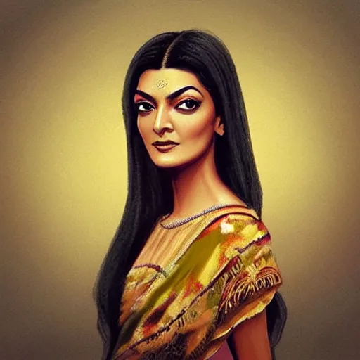 Image similar to “A dreamy masterpiece portrait of Sushmita Sen , artstation”