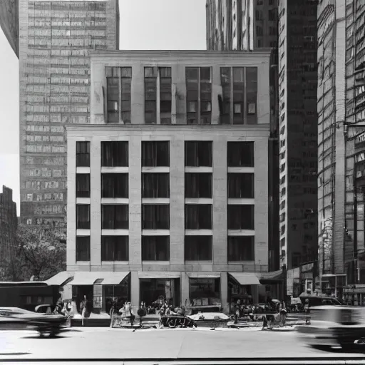 Prompt: A house designed by Miles van der rohe in the middle of New York City, surrounded by skyscrapers. Film Grain, Colorized.