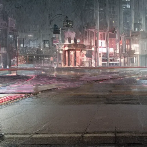 Image similar to A stunningly beautiful award-winning 8K high angle from 2nd floor cinematic movie photograph looking down diagonally across a spooky dark very foggy empty lightless main street intersection in an abandoned 1950s small town at night. perfect composition, moody low key. Color palette from Seven, greens yellows and reds. 2 point perspective. Octane render