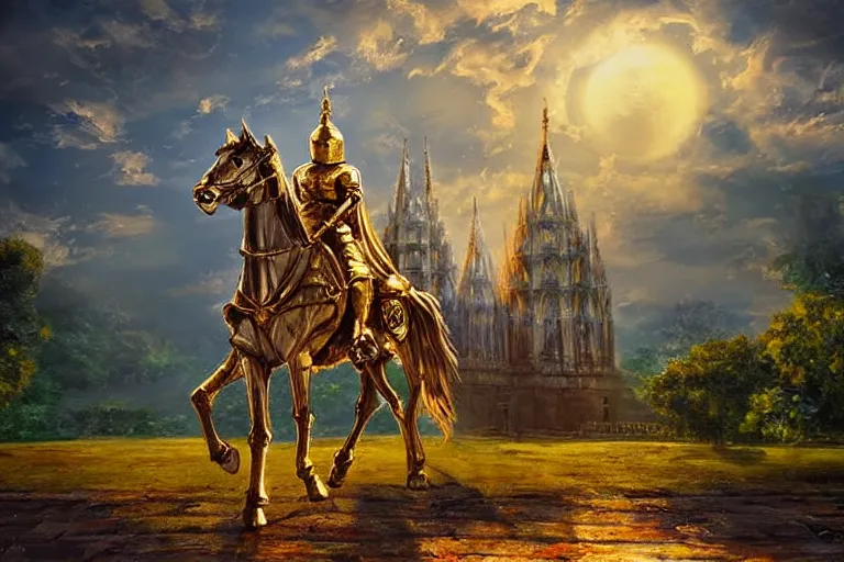 Image similar to knight, temple, fantasy, painting, ultra realistic!!!, clear weather, golden hour, sharp focus