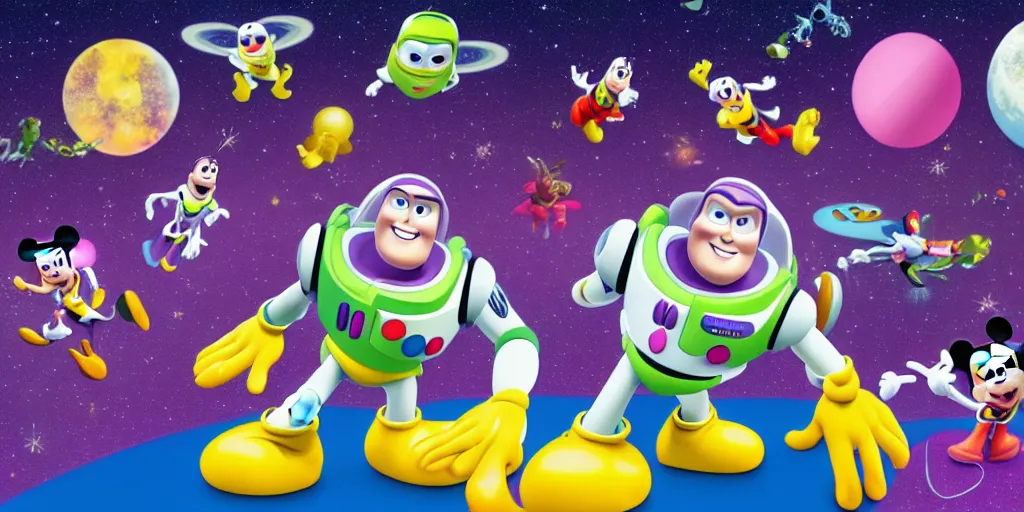 Image similar to mickey face, buzz lightyear body, space background, cinematic