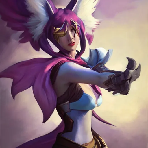 Image similar to greg manchess portrait painting of partially armored ahri from league of legends as overwatch character, medium shot, asymmetrical, profile picture, organic painting, sunny day, matte painting, bold shapes, hard edges, street art, trending on artstation, by huang guangjian, gil elvgren, ruan jia, randy vargas, greg rutkowski, gaston bussiere