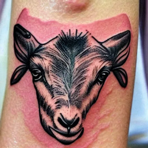 Prompt: A small tattoo of a goat. The goat is holding a large cinnamon churro in its mouth