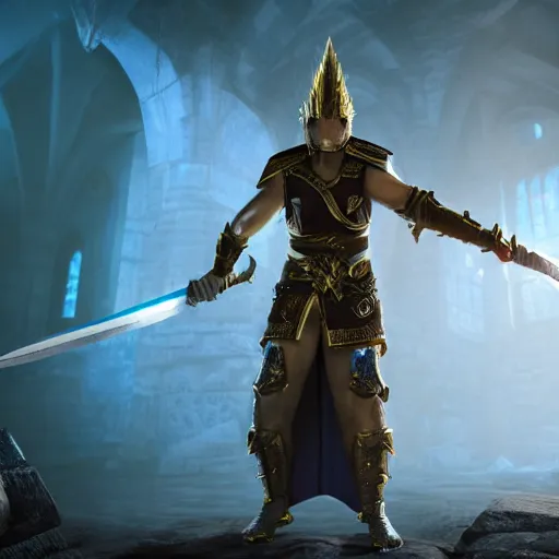 Prompt: 8k unreal engine render of a teenage time wizard from dungeons and dragons, fierce, holy sword in his hands, ancient city, insanely detailed, depth of field ultra-wide angle lens, volumetric lighting, vivid color