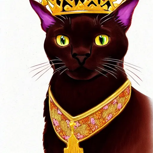 Prompt: chocolate burmese cat wearing royal crown and robes, artstation, fantasy