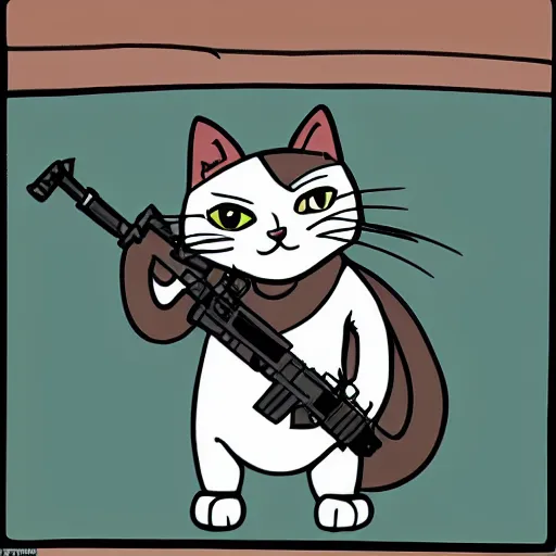 Prompt: cartoon cat holding assault rifle