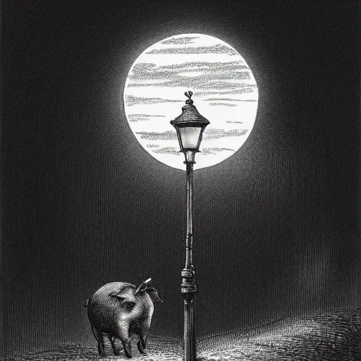 Prompt: a pig in a tuxedo, street lamp, illustration by Gustave Doré, high detail, eerie, street lamp, barn, creepy, dark, night, misty, moon, chiaroscuro, film noir