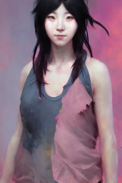 Image similar to Korean cyberpunk female with torn pink tank top, digital art from artstation by Ruan Jia and Mandy Jurgens and Artgerm and william-adolphe bouguereau