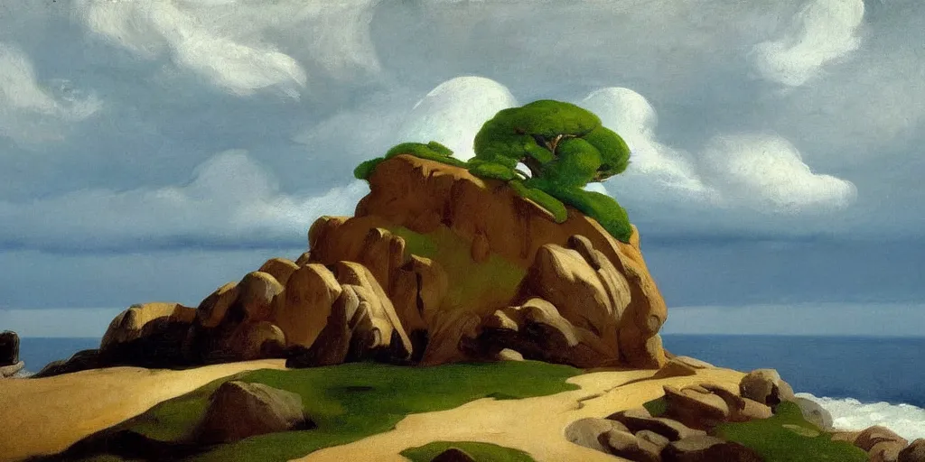 Prompt: a beautiful landscape painting of a rocky outcrop on the coast with a tree next to a house, raining, storm clouds, by edward hopper, oil on canvas, highly detailed, hd, 4 k