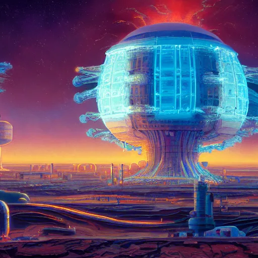 Prompt: a beautiful oil painting of a sci-fi atomic nuclear modular power plant, 4k unreal engine renders, ultra-wide angle, by victo ngai, Jen Yoon, Geof Darrow, Peter Mohrbacher, johfra bosschart,Thomas Kinkade,miho hirano , HD, pastel color scheme