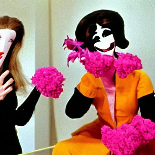 Prompt: 1972 woman on tv show with a long prosthetic snout nose, big nostrils, wearing flowers in the city 1972 color archival footage color film 16mm Fellini Almodovar John Waters Russ Meyer with hand puppet