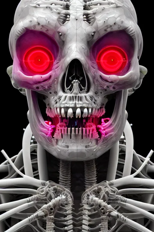 Prompt: 3D render of a biopunk cyborg with translucent skull filled with a fractal of liquid mercury switches, neon eyeballs, titanium skeleton, anatomical, latex flesh and facial muscles, neon wires, microchips, electronics, veins, arteries, glowing, highly detailed, octane render, global lighting by H.R. Giger and Johanna Martine and Jeffrey Smith, background of outer space neon nebulas by Pilar Gogar, 8K HDR