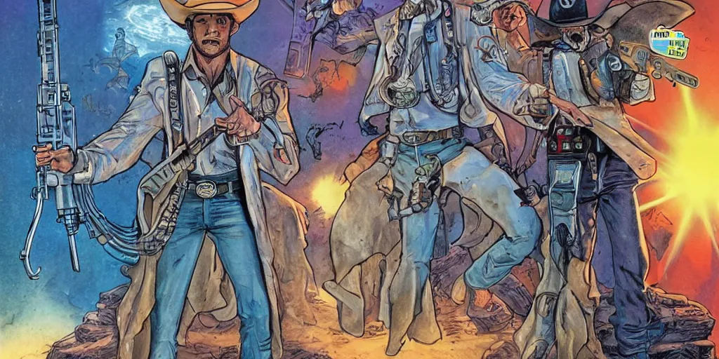 Image similar to a holographic ghost cowboy with two six shooters in front of a tomb in the comic book cover art style of Glenn Fabry