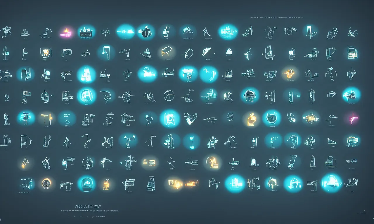 Prompt: futuristic application icons, GUI, software ICONS, operating system icons, design, modern, cinematic lighting, cinematic composition, in blade runner style