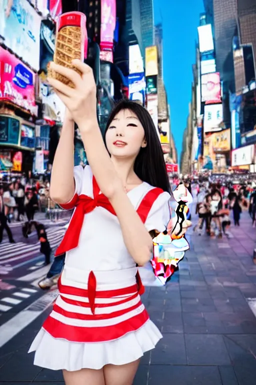 Prompt: Beautiful Japanese Woman in Sailor Moon costume eating an ice-cream cone, standing for a selfie, New York Time Square, high detail, ultra-realistic