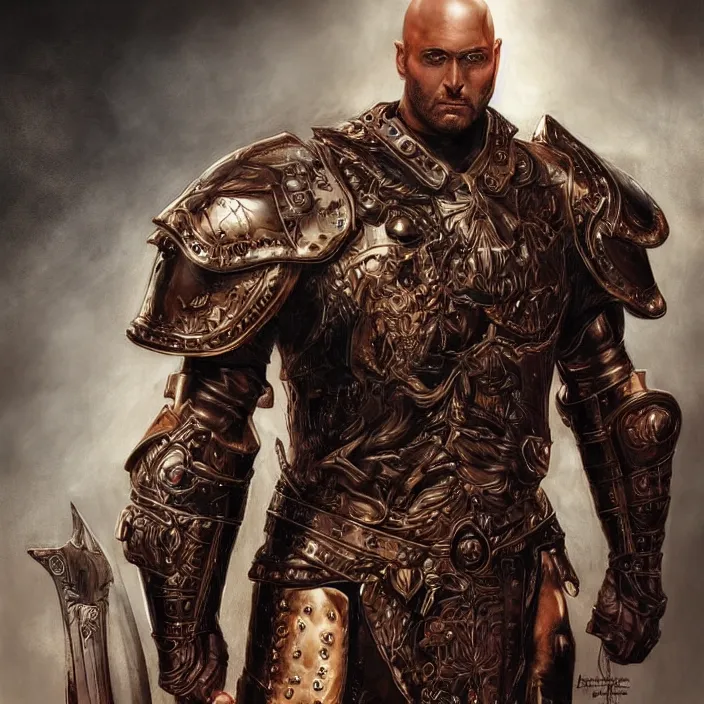 Prompt: a highly detailed symmetrical full body painting of a bald male warrior in leather armour with piercing eyes in dark tomb setting, dynamic lighting, ambient lighting, deviantart, art by artgerm and karol bak and mark brooks