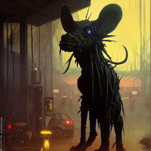 Prompt: menacing aggressive black creature made out of needles, archaic demon, in a gas station, aggressive fluorescent industrial lighting, extremely detailed digital matte painting buy Greg Rutkowski and Alphonse Mucha