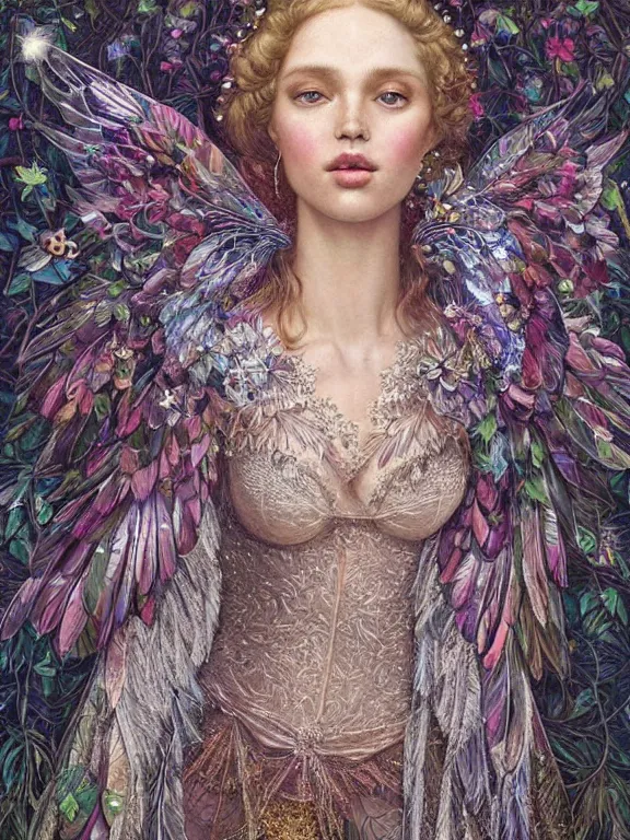 Image similar to a 65mm portrait of an Victoria's Secret angel who wearing embellished sequined feather-adorned wings at flower bushes,by tom bagshaw,Cedric Peyravernay,Cedric Peyravernay,marie spartali Stillman,William Morris,Dan Mumford,trending on pinterest，maximalist,glittering,feminine