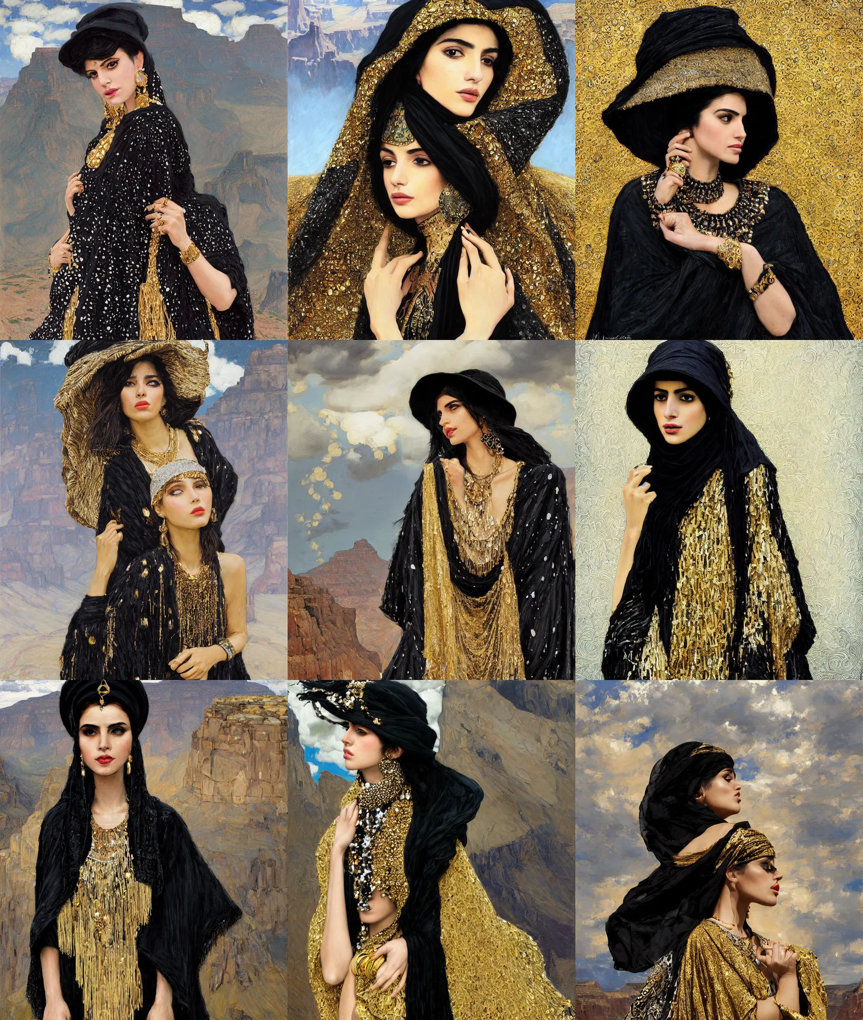 Prompt: portrait of fashionable young iranian woman wearing rich jewerly hat and black and white boho poncho with gold texture, on extremely strong wind, in elegant decollete, dark make up, sitting dynamic pose, Low poly, thunder clouds in the sky, grand canyon, artwork by john william waterhouse and Denis Sarazhin and klimt and rhads and Dean Ellis and Detmold Charles Maurice, levitation, industrial rusty pipes, simple form, brutal shapes
