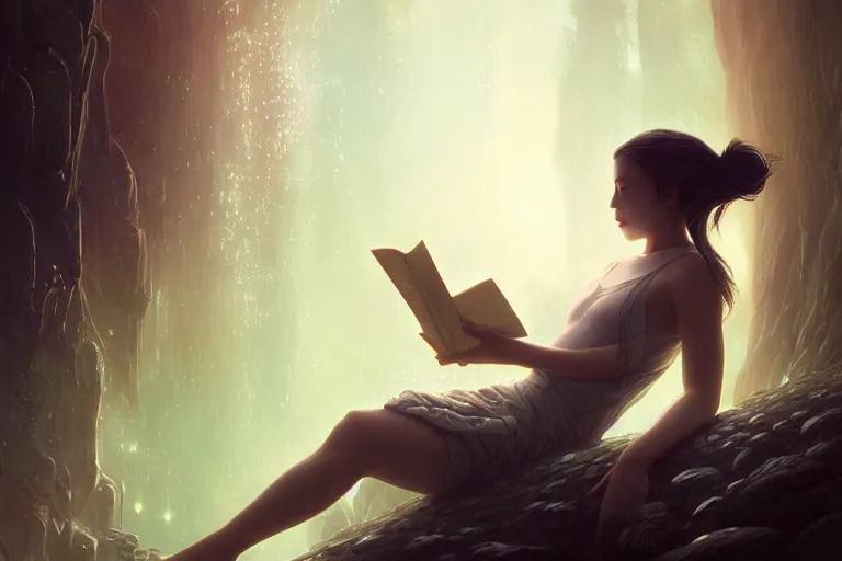 Image similar to breathe into euphoria, a girl reading a book, altered carbon, dreamy ethereal vibe, atmospheric, detailed intricate render, fibbonacci, detailed illustration, hd, 4 k, digital art, overdetailed art, surrealistic, by greg rutkowski, by loish, laura sava, slavic traditional trending on artstation, deviantart